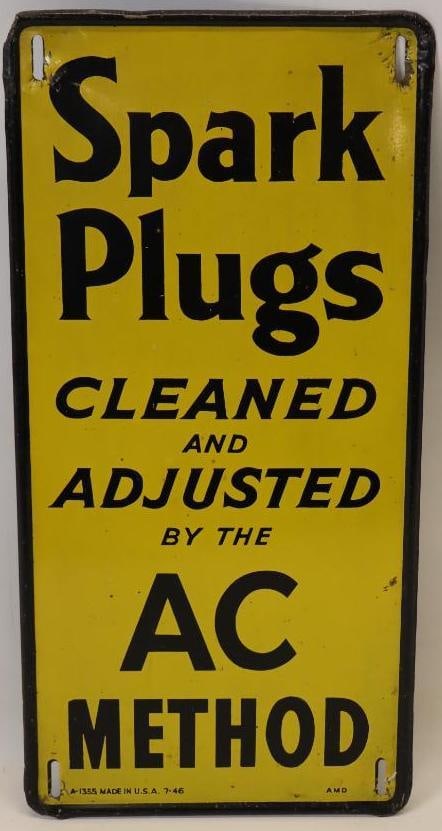 AC Spark Plugs Cleaned and Adjusted Self Framed SST Sign: This sign is marked A-1355. This sign measures 9" x 18". It has great color and gloss with only minor surface wear along with some some wear at the mounting holes. It is graded a 8.75.