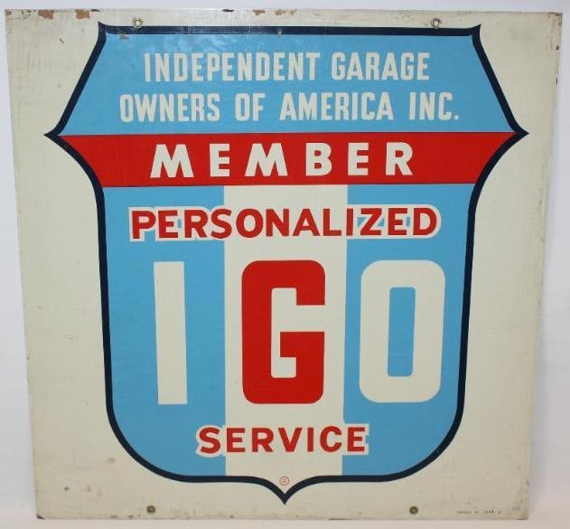 Independent Garage Owners of America IGO Personalized Service DST Advertising Sign: The display side of this sign is very nice with good color and shine. It does have some minor surface wear. The reverse still has the original shipping paper. This sign is marked Property of IGOA. Thi