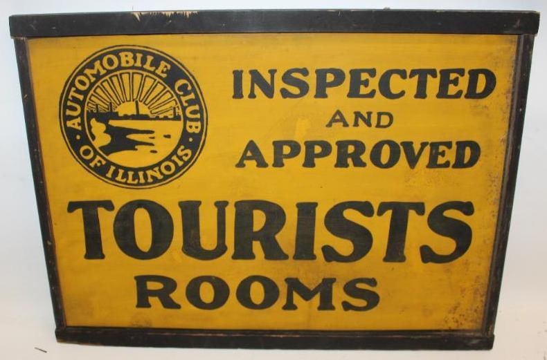 Automotive Club of Illinois Inspected and Approved Tourists Rooms DST Advertising Sign with Wood: The display side shows some age crackling to the paint as well as some rust staining and wear. The reverse has heavier rust staining to the field. The overall measurments are 28.5" x 21". It is graded