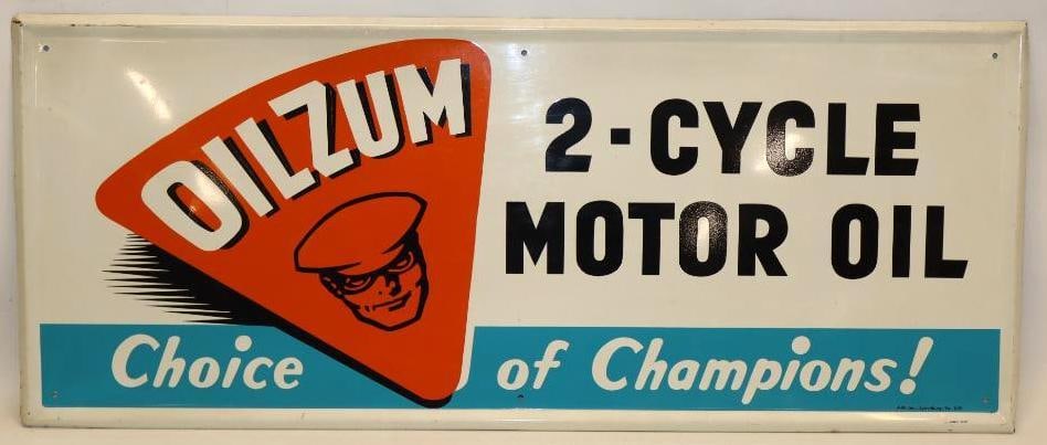 Oilzum Two Cycle Motor Oil Self Framed SST Sign: This sign is marked A-M Inc. 6-65. This sign is in excellent overall condition with only light wear. This sign measures 36" x 15". It is graded a 9.