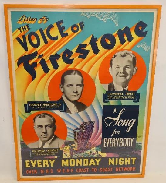 Vibrant Voice of Firestone Radio Advertising Poster: This framed poster shows great color throughout, and features Harvey Firestone Jr, Lawrence Tibbett, and Richard Crooks. It is in very good overall condition with just slight crease marks from the ori