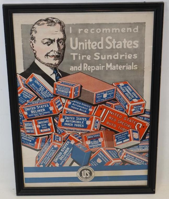 1918 United States Rubber and Tires Graphic Advertising Poster: This framed poster shows great color and graphics throughout the field. It also shows minor staining and wear. It measures 37" x 27"