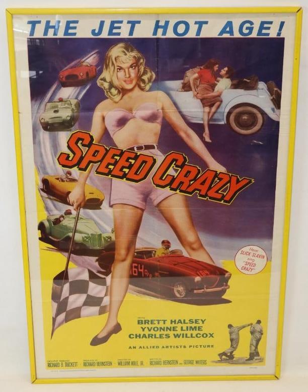 1959 Speed Crazy "The Jet Hot Age" Movie Poster: This framed poster shows vibrant colors and deatailed graphics throughout. It measures 41.5" x 28"