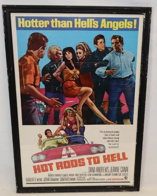 1967 Hot Rods to Hell Graphic Movie Poster: This framed poster has bright graphics throughout. It does show some slight creases from the original shipping. It measures 43.5" x 29.5.