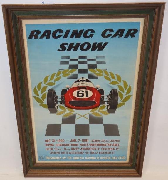 1961 British Racing Car Show Advertising Poster: This framed poster is marked "Printed by Stafford & Co." by the artist "B.K.Bull". It has been framed in very nice condition with minor creasing from the original shipping. This poster measures 43.5" 