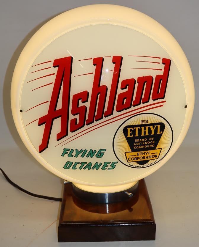Ashland Flying Octanes Ethyl Complete 13.5" Globe on Wide Milk Glass Body: Both lenses and body are in excellent condition. The overall measurement is 16.5" x 16" x 9".