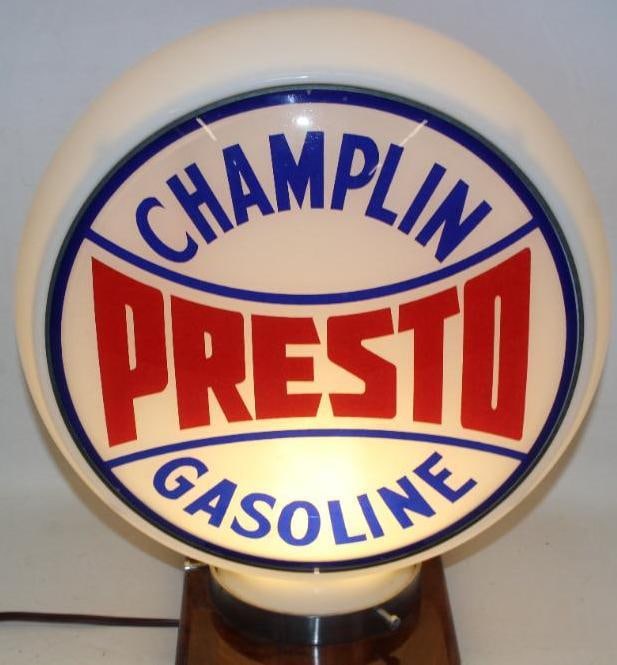 Complete Champlin Presto 13.5" Gas Pump Globe on Banded Milk Glass Body: Both lenses and the banded milk glass body are in excellent overall condition. This globe measure 16" x 15" x 9".