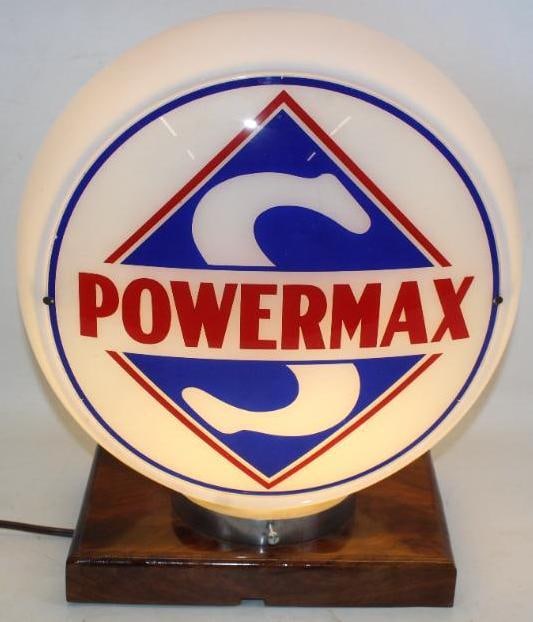 Skelly Powermax 13.5" Globe Lens on Wide Milk Glass Body: The lens is in excellent overall condition. The body is also good with only very minor chips to the base. This globe measures 16" x 16" x 9.5".
