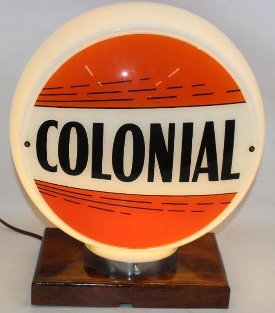 Complete 13.5" Colonial Gas Pump Globe on Wide Milk Glass Body: Both lenses are in very good overall condition. The body is also in excellent condition with no chips cracks or breaks. This globe measures 16" x 16" x 9.5".