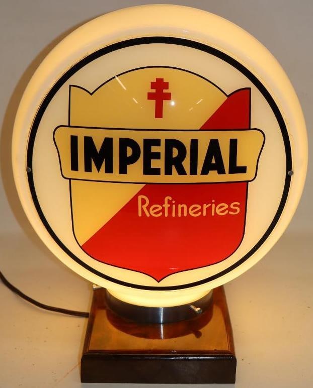 Complete Imperial Refineries 13.5" Gas Pump Globe on Wide Milk Glass Body: Both lenses and body are in excellent condition. The overall measurement is 16.5" x 16" x 9".