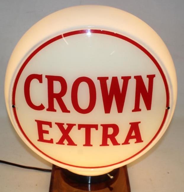 Complete Crown Extra 13.5" Gas Pump Globe on Wide Milk Glass Body: This complete globe features one Crown and one Crown Extra lens on a wide milk glass body. Both lenses are in very good condition. The lenses measure 13.5" Diameter. The overall measurment is 16" x 16