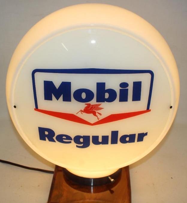 Mobil Regular 13.5" Globe Lens on Wide Milk Glass Body: The lens and body are in very nice overall condition with no cracks or breaks. The lens measures 13.5" Diameter. The overall measurments are 16.5" x 16" x 6.5".