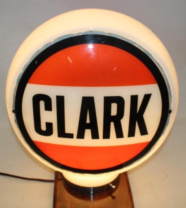 Complete Clark 13.5" Gas Pump Globe on Wide Milk Glass Body: Both lenses are in very good condition. The lenses measure 13.5" Diameter. The overall measurment is 16" x 16" x 9.5".