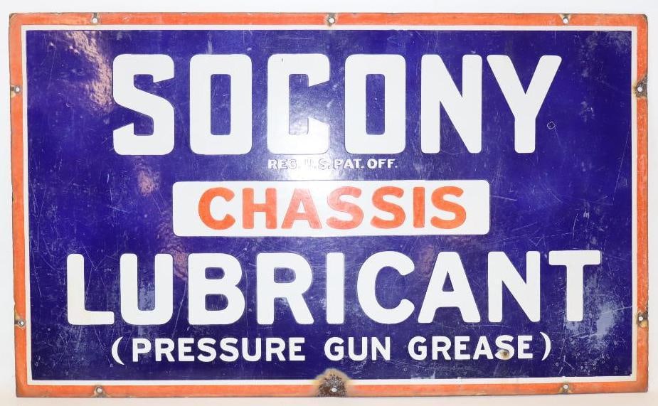 Socony Chasis Lubricant SSP Porcelain Advertising Sign: This sign measures 30" x 18". This sign has wear and scratches to the field and slight fading to the red areas. This sign is graded a 7.5.
