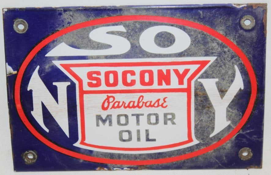 Socony Parabase Motor Oil SSP Porcelain Gas Pump Sign: This shows some discoloration throughout the field, as well as light crazing through the center. This sign measures 9" x 6" and is graded a 7.