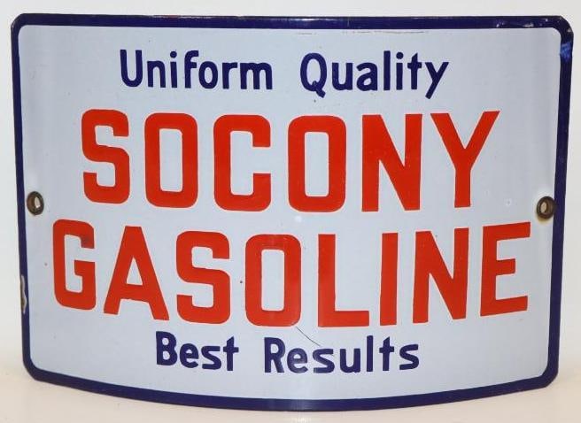 Socony Gasoline SSP Curved Porcelain Pump Plate Sign: This early sign has excellent color and gloss with only some minor scuffs and a small edge chip. This sign measures 11" x 7.5". It is graded a 9.