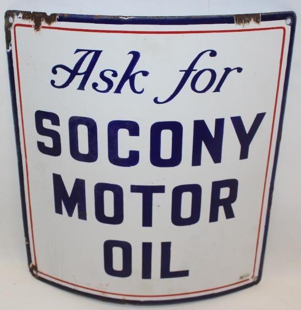 Ask For Socony Motor Oil Curved SSP Porcelain Gas Pump Sign: This sign has good color and gloss with some chips along the perimeter. There is also some slight crazing to the lower left corner. This sign measures 13" x 15" x 2.5". This sign is TAC authenticated 