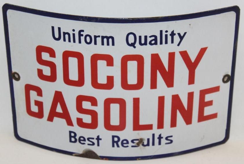Socony Gasoline Uniform Quality Best Results Curved SSP Porcelain Gas Pump Sign: This sign shows good color and gloss with only a couple of chips near the bottom. There is some light rust staining, but displays very well overall. This sign measures 11" x 7.5" x 2" and is graded an