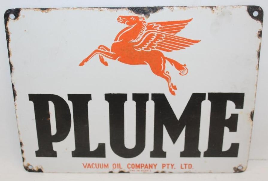 Mobil Vacuum Oil Company Plume SSP Porcelain Gas Pump Sign: This early sign shows some light chipping around the perimeter and minor fading to the red. This sign measures 12" x 9" and is graded an 8.25.
