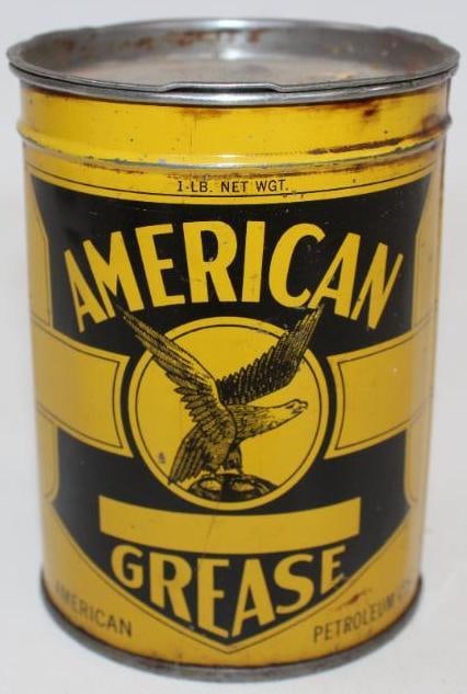 American 1lb Grease Can with Eagle Graphics: This can has good color and gloss with only some minor surface wear and staining along the perimeter. It measures 4.5" x 3.25" x 3.25" and is graded 8.75.