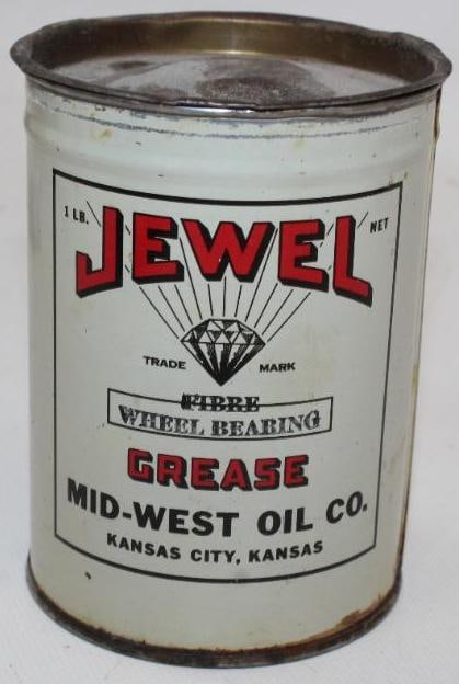 Jewel 1lb Grease Can: This can is in excellent condition with only very minor wear and slight staining along the lower edge. It is graded 8.9 and 8.75. This can measures 4.5" x 3.25" x 3.25".