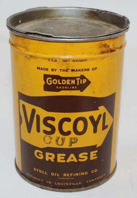 Stoll Viscoyl Golden Tip 1lb Grease Can: This is a very nice can with only minor staining. It measures 4.5" x 3.25" x 3.25" and is graded 8.75.
