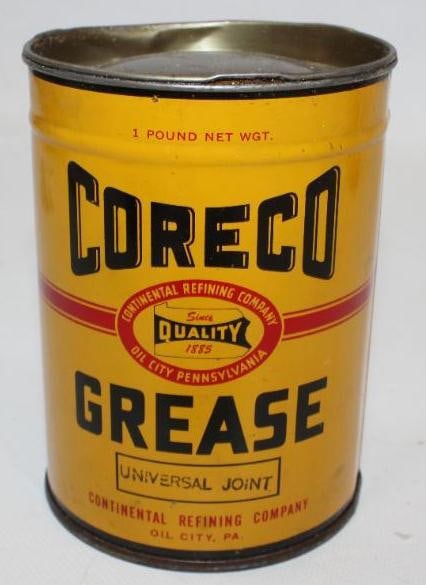 Coreco 1lb Grease Can: This can remains full and is in excellent overall condition. It measures 4.5" x 3.25" x 3.25" and is graded a 9.