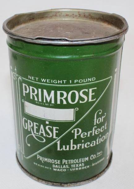 Primrose 1lb Grease Can: This can has great color and gloss and is in excellent overall condition. It measures 4.5" x 3.25" x 3.25". This can is graded 9 and remains full.