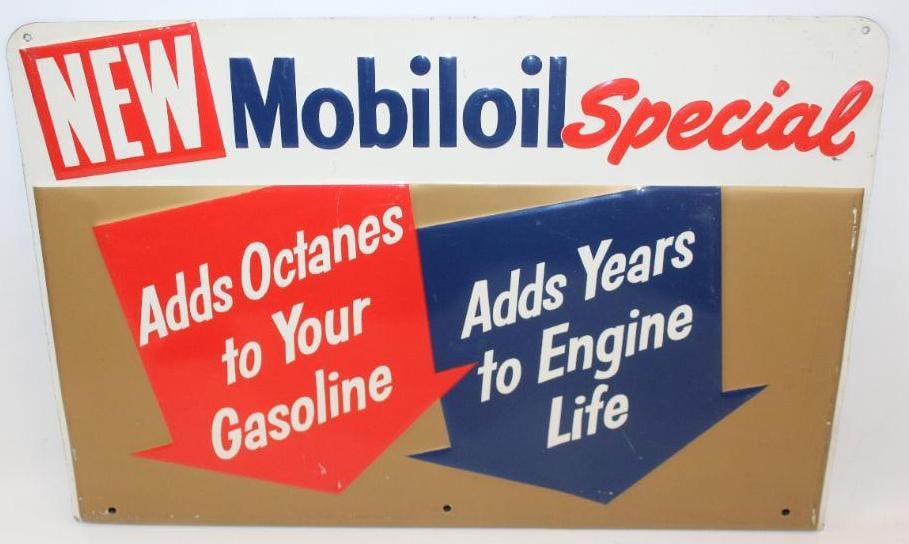 Embossed New Mobiloil Special Motor Oil SST Advertising Rack Sign: This sign has good color and gloss throughout with only light surface scratches and wear. This sign measures 18.5" x 12.5" and is graded an 8.75.