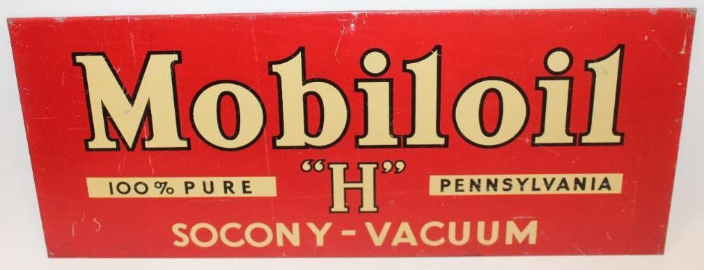 Socony-Vacuum Mobiloil "H" SST Advertising Rack Sign: This sign shows good color throughout with only light surface wear and scratches to the field. This sign measures 18" x 7.5" and is graded an 8.5.