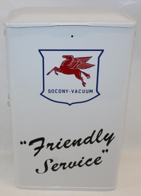 Socony-Vacuum "Friendly Service" Service Station Island Paper Towel Dispenser: This has been very nicely restored with "Friendly Service" and Socony-Vacuum decals added to the front. It does include paper towels and windshield cleaner bottles. This dispenser measures 12.5" x 19.