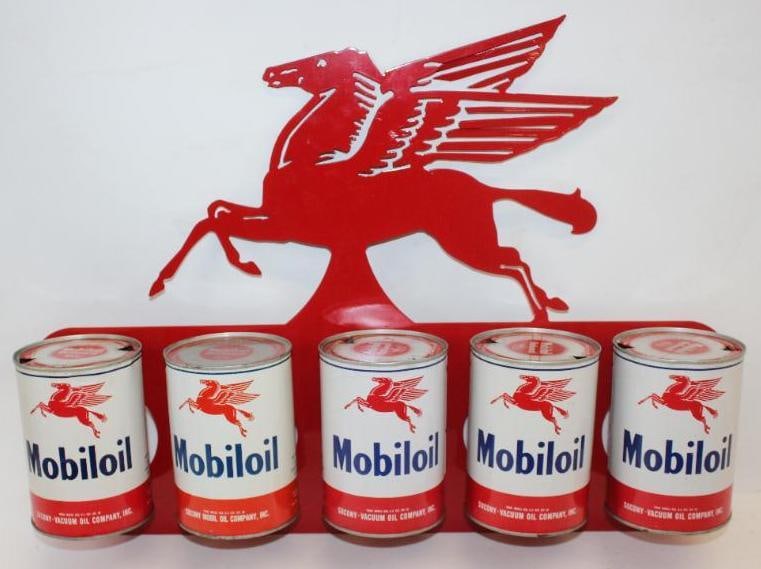 Custom Made Mobiloil Pegasus Oil Can Display Rack with Five Mobil Outboard Cans: Each of the cans are marked Mobil Outboard on the top lids. Each can has been drained by two holes in the top lid. All of the cans are in very nice condition with only minor wear. This makes for a nic