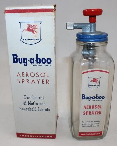 NOS Socony-Vacuum Bug-A-Boo Glass Aerosol Sprayer with Paper Label in Original Box: This can is in excellent overall condition. This comes with the orignial bottle and instructions. The box measures 3" x 3" x 8.5" and is graded a 9+.