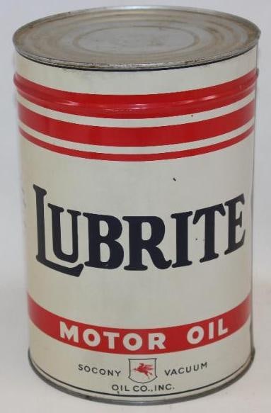 Socony-Vacuum Lubrite Five Quart Full Metal Oil Can: This can is in excellent overall condition with light staining and minor wear. This oil can is full. This can measures 6.75" x 6.75" x 9.5". It is graded an 8.9.