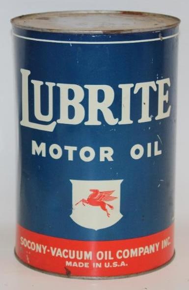 Socony-Vacuum Lubrite Five Quart Full Metal Oil Can: This can is in very good overall condition with minor surface scratches and wear to the field. This oil can is full. This can measures 6.75" x 6.75" x 9.5". It is graded an 8.75.