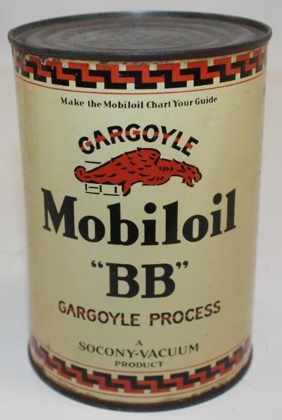Socony-Vacuum Gargoyle Mobiloil "BB" One Quart Metal Oil Can: This can is in excellent overall condition with slight staining. This oil can is full. This can measures 4" x 4" x 5.75". It is graded an 8.9.