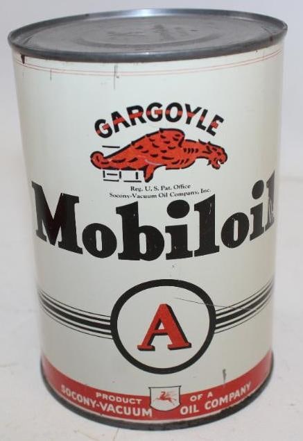 Socony-Vacuum Gargoyle Mobiloil A One Quart Metal Oil Can: The display side is very nice with only minor surface scratches and wear. The reverse has some slight discoloration. This oil can is full. This can measures 4" x 4" x 5.75". It is graded an 8.75 on th