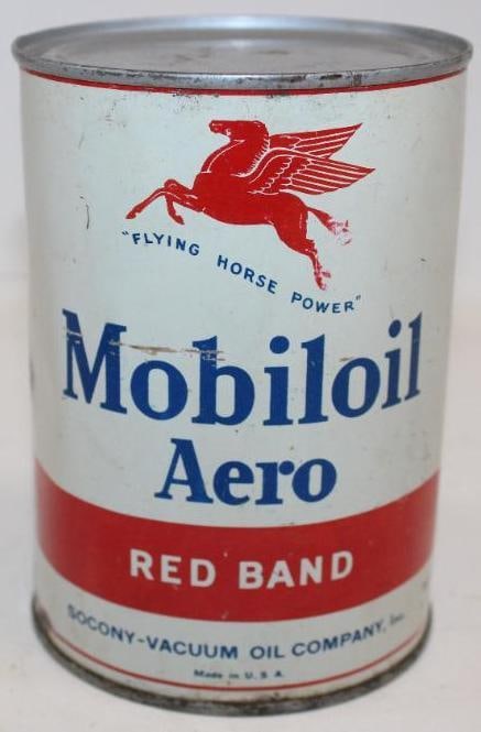 Socony-Vacuum Mobiloil Aero Red Band One Quart Metal Oil Can: This can shows some minor surface scratches and wear thoughout the field. This oil can is full. This can measures 4" x 4" x 5.75". It is graded an 8.25.