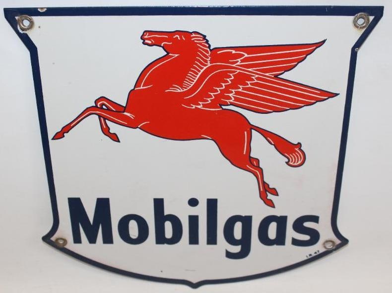 Mobilgas Shield SSP Gas Pump Plate Sign: This sign has good color and gloss throughout with only minor chips near the perimeter. This sign is marked I. R. 47. This sign measures 12" x 12" and is graded a 9.
