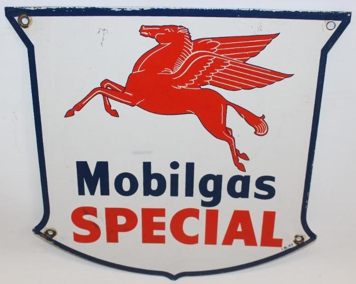 Mobilgas Special Shield SSP Gas Pump Plate Sign: This sign has good color and gloss throughout with only minor chips near the perimeter. This sign is marked I. R. 47. This sign measures 12" x 12" and is graded a