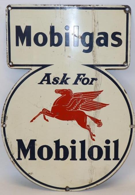 Mobilgas Ask For Mobiloil SST Keyholes Pump Plate Sign: This sign measures 11.25" x 15.75". This sign shows some surface scratches and wear and it is graded a 7.