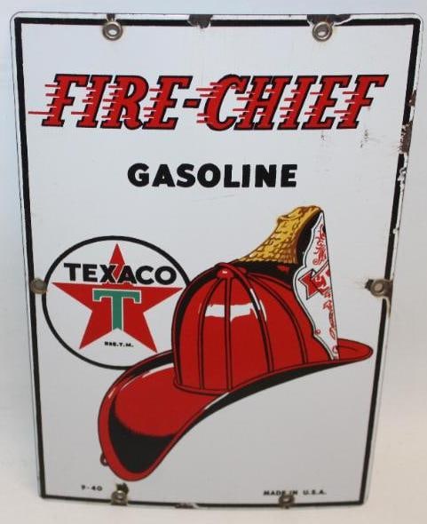 Baby Texaco Fire Chief SSP Porcelain Gas Pump Plate Sign: This is a difficult to find small version of this sign. It has good color and gloss, but has some chips along the perimeter and at the moutning holes. There is also some light wear to the field near t