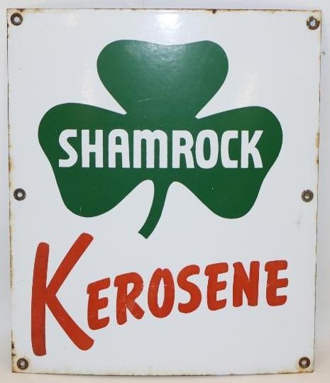 Shamrock Kerosene SSP Porcelain Pump Plate Sign: This sign measuers 10.5" x 12.5". It has some slight edge wear and staining along with minor wear to the surface. It is graded an 8.5.