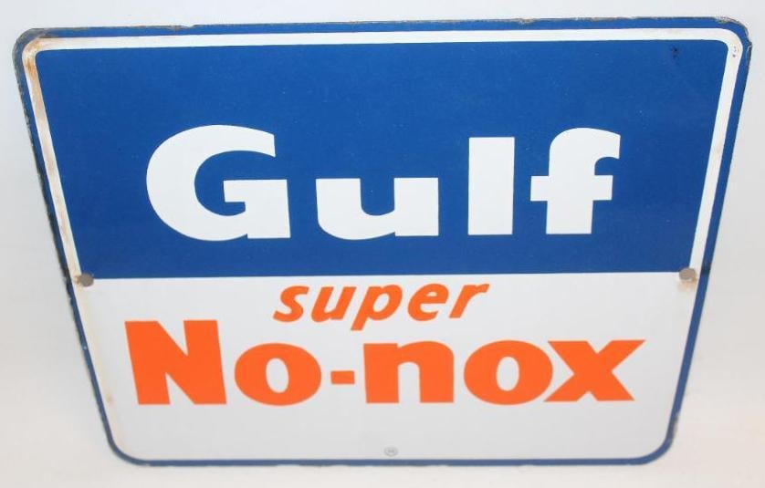 Gulf Super No-Nox SSP Porcelain Gas Pump Plate Sign: This pump plate sign has good color and gloss with some slight staining along the left side. The field is clean. This pump plate measures 11.25" x 8.5". It is graded an 8.9.