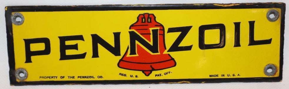 Pennzoil SSP Porcelain Rack Sign: This sign is marked Property of the Pennzoil Company. This sign measures 8.5" x 2.5". It is in very good condition with only sight edge wear. It is graded a 9.