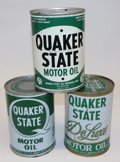 Group of 3 Different Quaker State Metal 1qt Oil Cans: 32oz Each and 2 are full