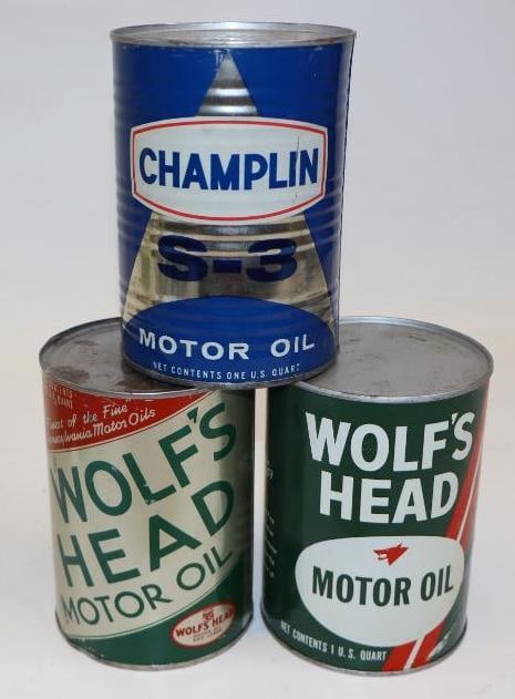 Group of 3 Champlin and Wolf's Heads 1qt Metal and Composite Oil Cans (1 of 2)