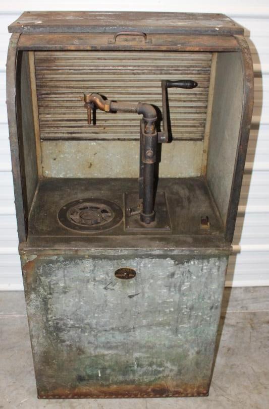 Bowser Hank Crank Gas, Oil, & Kerosene Pump in Original Storage Cabinet with Rolling Top (1 of 7)
