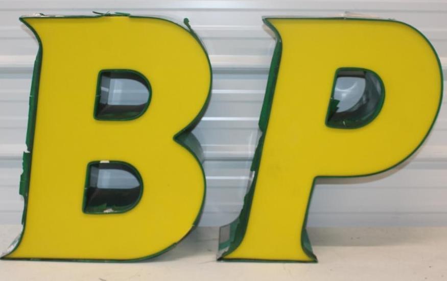 BP Gas Station Light Up Letters with Original Can: pick up only, will not ship. 18" x 8.5" x 21.5" each. Appear to have original neon and transformer in can