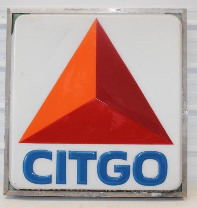 Citgo Embossed Plastic Light Up Gas Station Sign: 36" x 37" x 8" has no cord, untested, there's 2 small cracks at top above logo. Will not ship, pick up only.